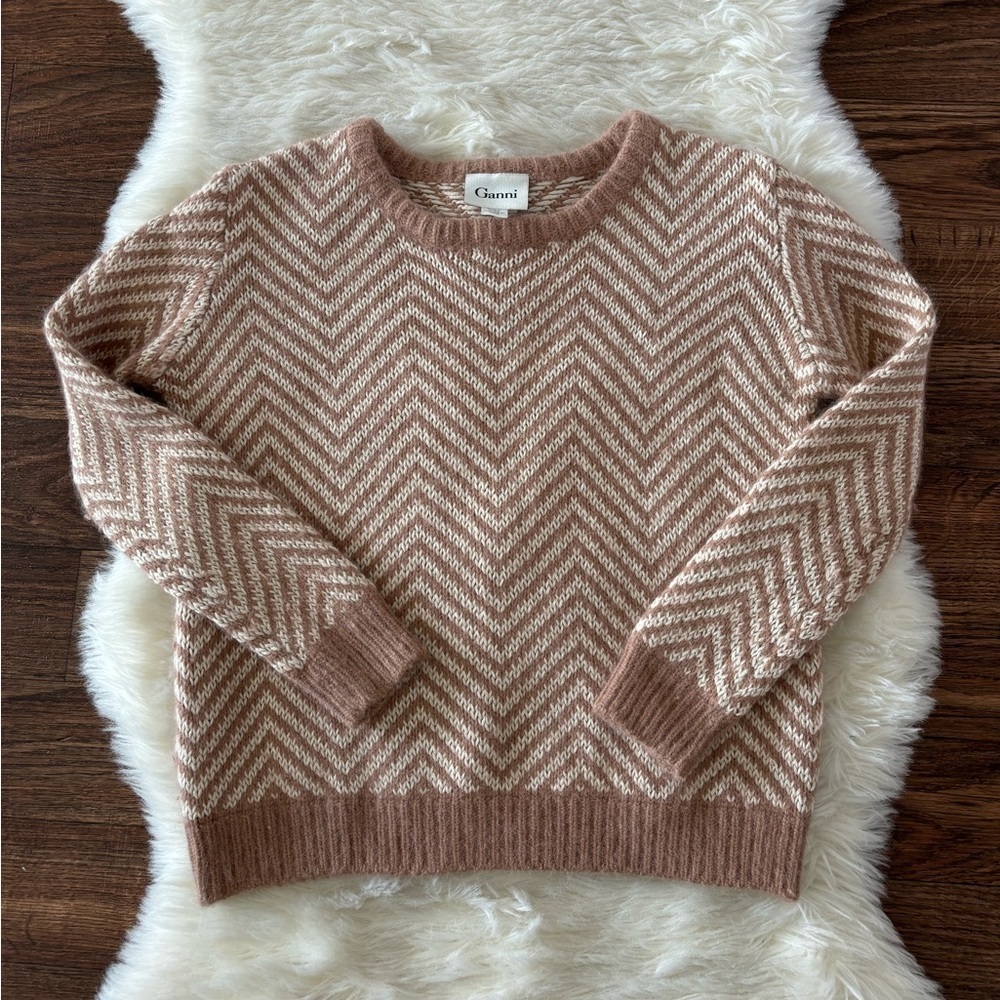 Ganni Chevron Pattern Crewneck Sweater in Tan and Cream